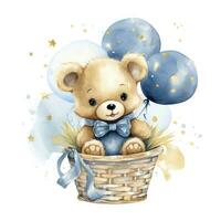 AI generated A watercolor baby teddy bear is sitting in the basket with blue and gold balloons. AI Generated photo