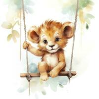 AI generated Cute happy baby lion on swings attached to the tree in watercolor style. AI Generated photo