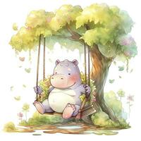 AI generated Cute happy baby rhino on swings in the tree in watercolor style. AI Generated photo