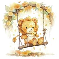 AI generated Cute and happy baby lion on swings on the tree in watercolor style. AI Generated photo