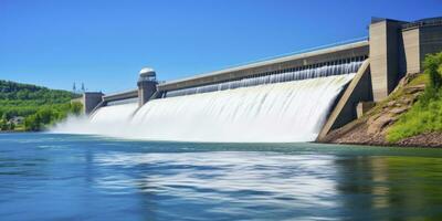 ai generado hidroeléctrico represa generando verde energía desde fluido agua. ai generado. foto