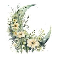 AI generated Watercolor floral Moon with greenery on a white background. AI Generated photo