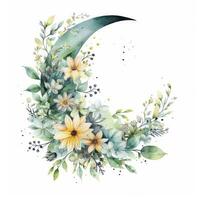 AI generated Watercolor floral Moon with greenery on a white background. AI Generated photo