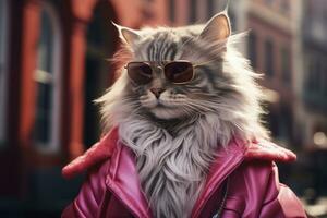 AI generated A cat is wearing sunglasses, suit and standing on street. AI Generated photo