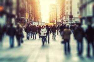 ai generado borroso negocio personas caminando en el ciudad bohordo. ai generado foto