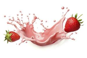 AI generated milk or yogurt splash with strawberries isolated on white background, 3d rendering. AI Generated photo