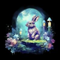 AI generated Watercolor Rabbit and Glowing Moon for T-shirt Design. AI Generated photo