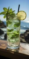 AI generated Stunning photo of cocktail mojito, a sunny summer beach in the background. Generative AI