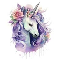 AI generated Watercolor fantasy unicorn clip art. AI Generated photo
