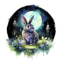 AI generated Watercolor Rabbit and Glowing Moon for T-shirt Design. AI Generated photo