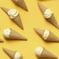 AI generated Ice Cream pattern on yellow background, top view. AI Generated photo