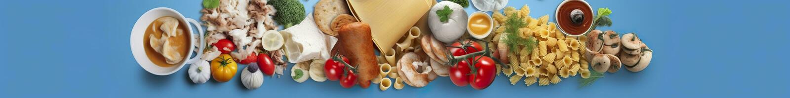 AI generated Web page banner of famous Italian food recipes on clean blue background. AI Generated photo