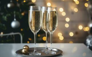 AI generated Glasses with champagne on the background of Christmas decorations. AI Generated photo