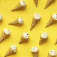 AI generated Ice Cream pattern on yellow background, top view. AI Generated photo