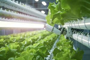 AI generated Automatic Agricultural Technology With Close-up View Of Robotic Arm Harvesting Lettuce In Vertical Hydroponic Plant. AI Generated photo