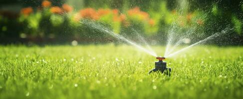 AI generated Automatic garden lawn sprinkler in action watering grass. AI Generated photo