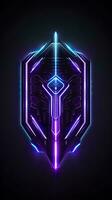 AI generated Amethyst 3D Minimalist Shield Design with a black or dark background with neon lines. AI Generative photo