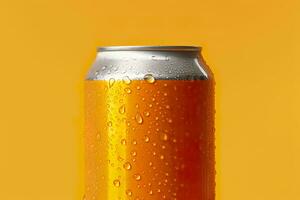 AI generated Can of fresh soda with water drops on orange background, closeup. Generative AI photo