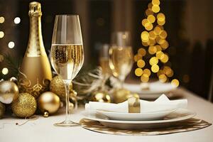 AI generated Christmas table setting with holiday decorations in gold color. AI Generated photo