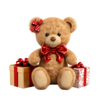 ai generado osito de peluche oso con regalo cajas aislado en un transparente antecedentes png