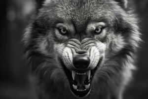 AI generated Greyscale closeup shot of an angry wolf with a blurred background. AI Generated photo