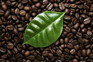 AI generated Green leaves with coffee beans as background. AI Generated photo