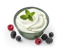 AI generated Green bowl of greek yogurt and fresh berries isolated on white background. AI Generated photo