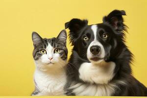 AI generated Cat and dog together with happy expressions on yellow background. AI Generated photo