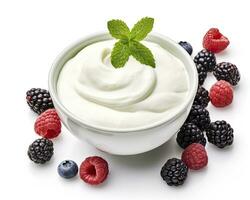 AI generated Green bowl of greek yogurt and fresh berries isolated on white background. AI Generated photo