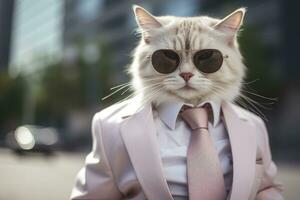 ai generado un gato es vistiendo Gafas de sol, traje y en pie en calle. ai generado foto
