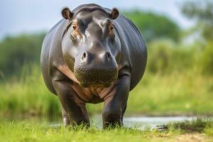 AI generated Hippopotamus Walking in a green field. AI Generated photo