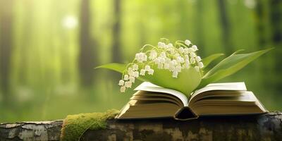 AI generated Lily of the Valley flowers and old books in the forest, green natural background. AI Generated photo