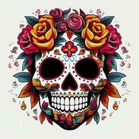 AI generated Mexican roses skull. Mexican roses skull. Dia de los muertos shugar colorful head. AI Generated photo