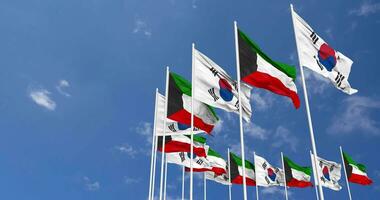 Kuwait and South Korea Flags Waving Together in the Sky, Seamless Loop in Wind, Space on Left Side for Design or Information, 3D Rendering video