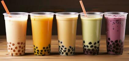 AI generated Plastic cups of different tasty bubble tea on wooden background. Generative AI photo