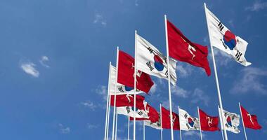 isola di uomo e Sud Corea bandiere agitando insieme nel il cielo, senza soluzione di continuità ciclo continuo nel vento, spazio su sinistra lato per design o informazione, 3d interpretazione video
