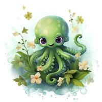 AI generated Watercolor Octopus for kids. AI Generated photo