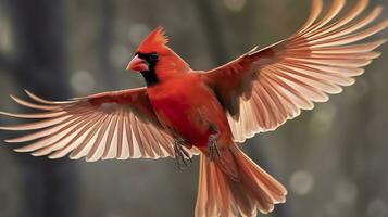 ai generado del Norte cardenal viniendo en para un aterrizaje. generativo ai foto