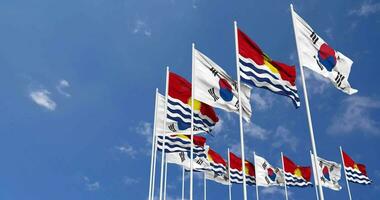 Kiribati and South Korea Flags Waving Together in the Sky, Seamless Loop in Wind, Space on Left Side for Design or Information, 3D Rendering video