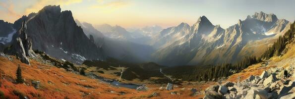 AI generated Panorama mountain autumn landscape. AI Generated photo