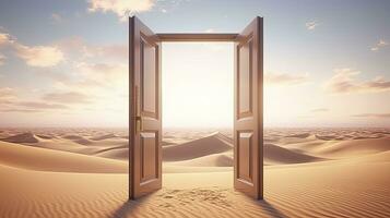 AI generated The opened door on the desert. Unknown and start up concept. AI Generated. photo