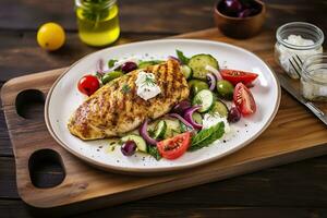 AI generated Seared chicken breast and Greek salad on a wooden table. Generative AI photo