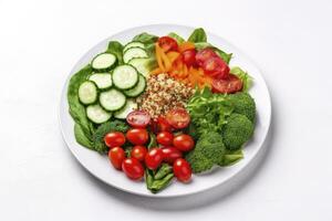 ai generado ensalada con quinua, espinaca, brócoli, Tomates, pepinos y zanahorias. ai generado foto