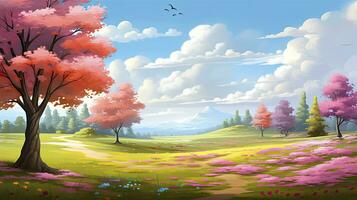 AI generated Spring season with colorful flowers and trees in a pretty meadow or field. AI Generated. photo