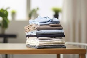 AI generated Stack of clean clothes on table in room. Generative AI photo