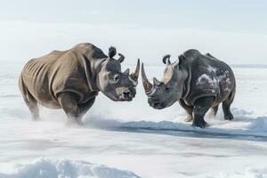 AI generated Two Rhinoceros getting ready for fight on Ice. AI Generated photo