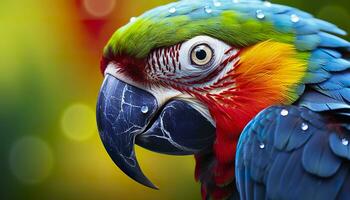 ai generado tropical guacamayo encaramado, vibrante plumas en enfocar. generativo ai foto