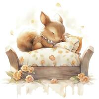 AI generated A sleepy baby squirrel in a bedding. watercolor illustration. AI Generated photo