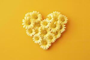 AI generated Yellow Heart Shaped By Yellow Daisies Over Yellow Background. AI Generated photo