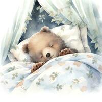 AI generated A sleepy baby bear in a bedding. watercolor illustration. AI Generated photo